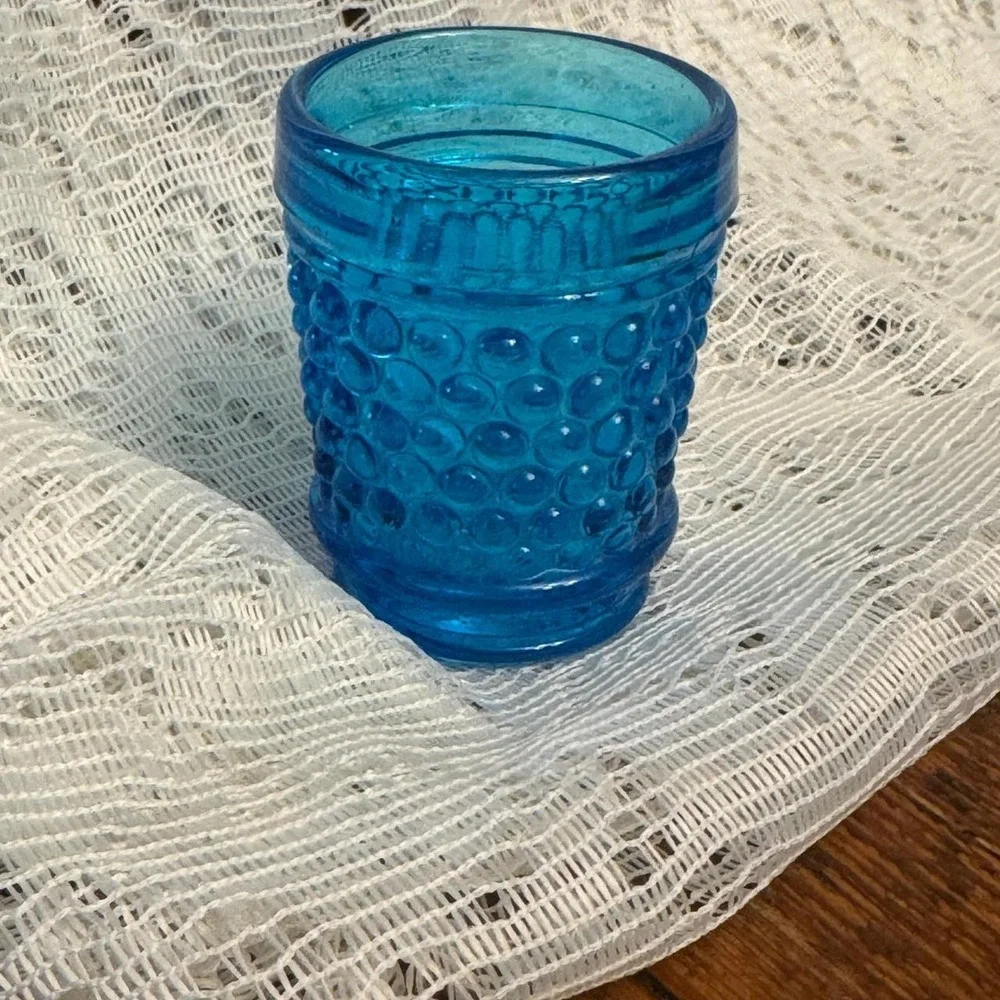 Vintage Blue‎ Hobnail Glass Toothpick Holder Votive Cup Turquoise 2.5x2